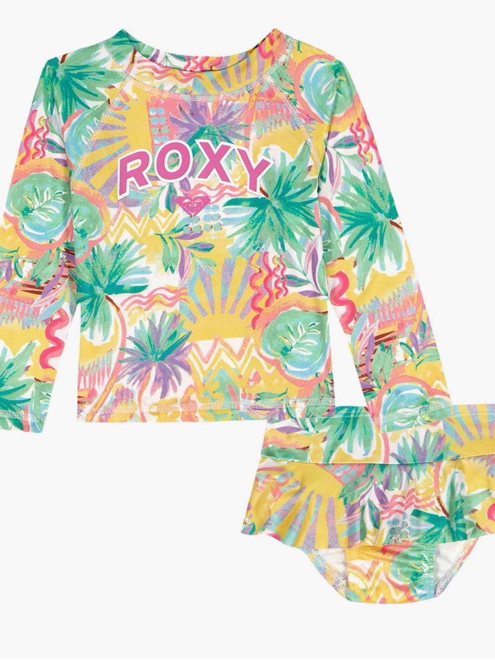 Roxy Girls' Yellow Green Pink Tropical Long Sleeve Rashguard Set